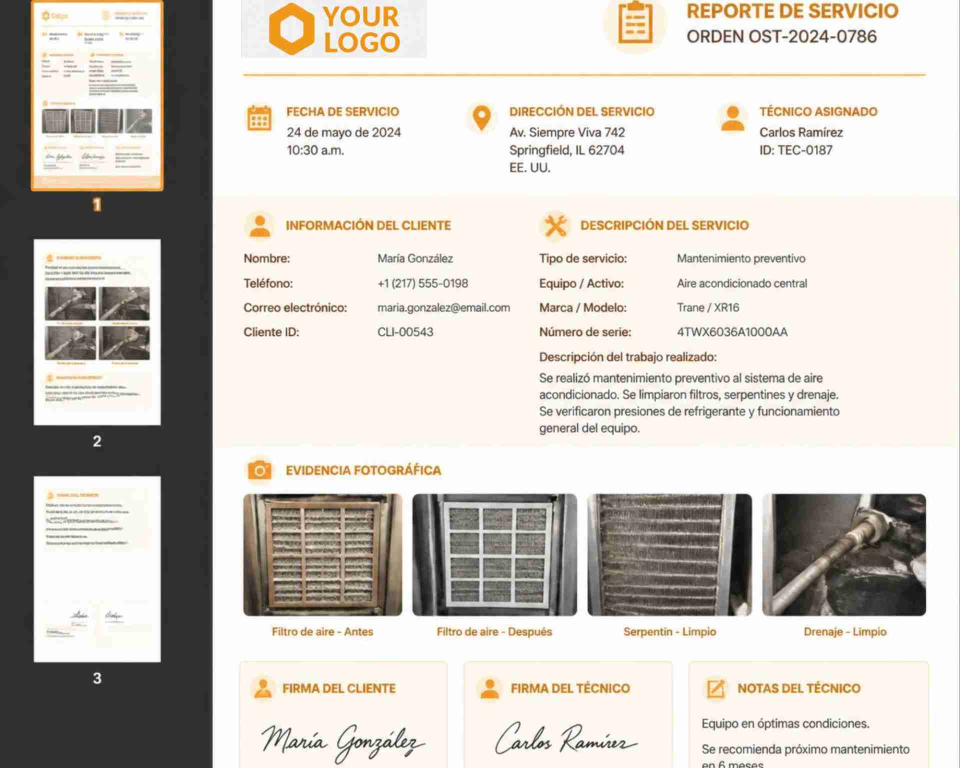 Vista previa ordenes de servicio en pdf con Ostya.app