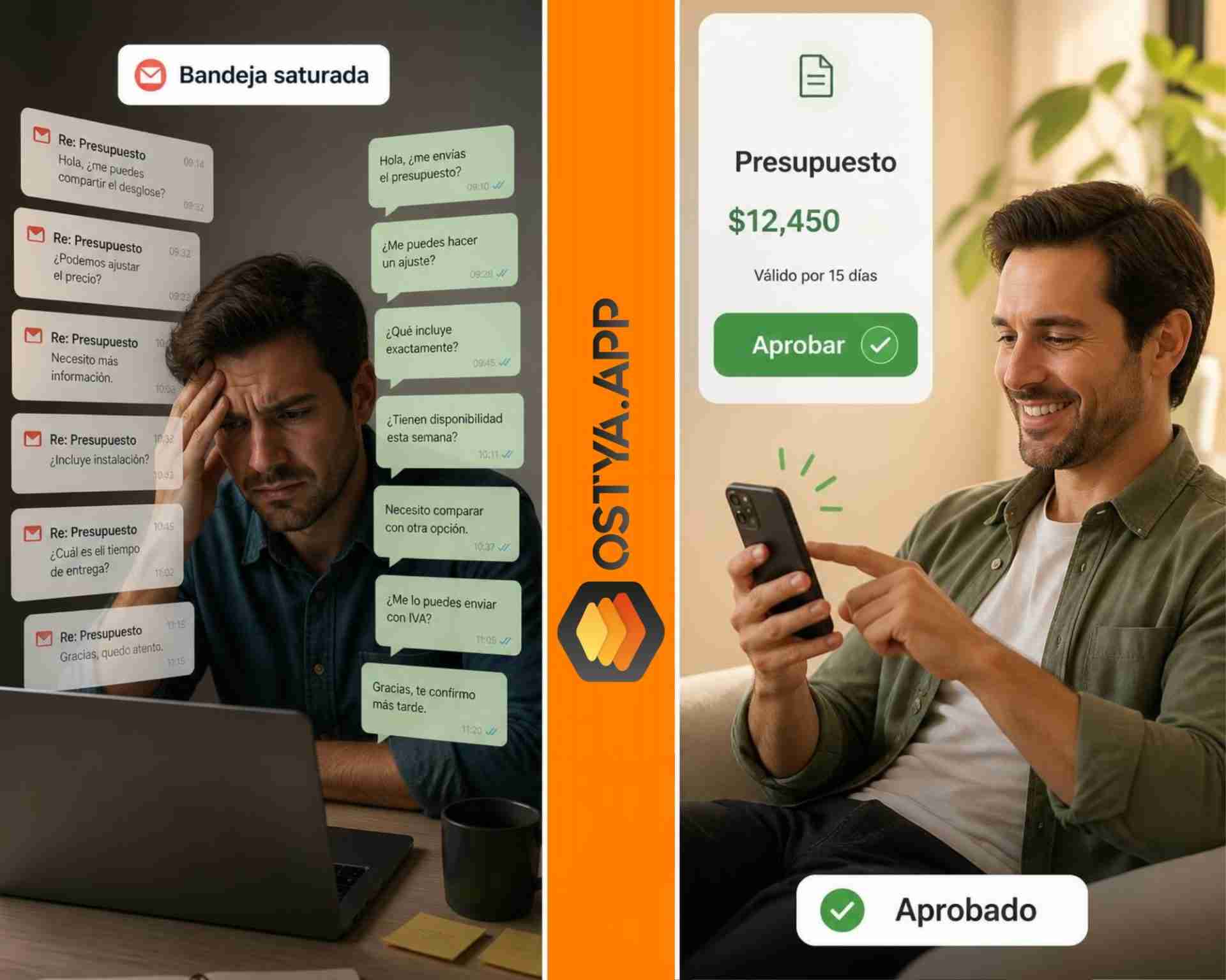 Comparación entre persona frustrada con emails de presupuesto y cliente aprobando con un clic desde su celular