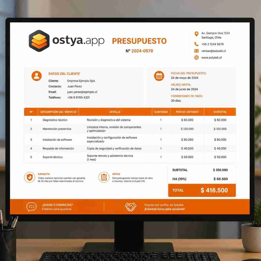 Presupuesto profesional de empresa de servicios técnicos con ítems, precios y total en Ostya.app