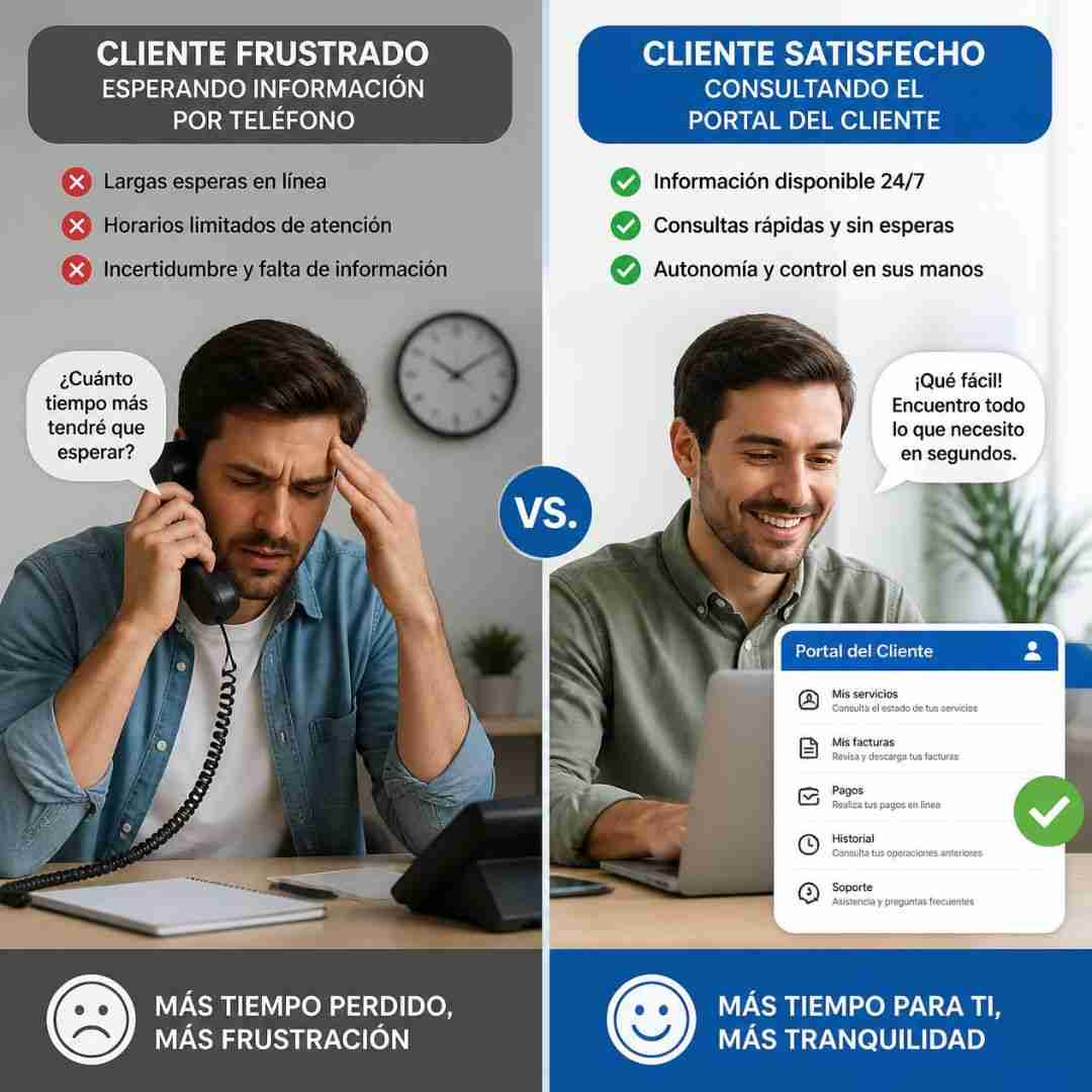 Comparación entre cliente esperando información por teléfono y cliente satisfecho consultando el portal