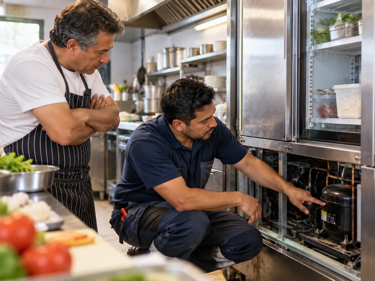 Técnico de refrigeración explicando el alcance de la reparación al dueño de un restaurante