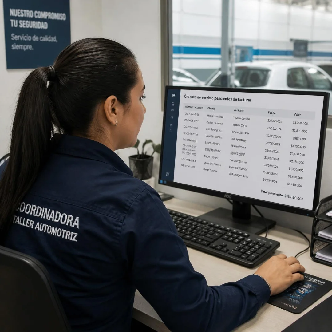 Coordinadora de taller automotriz revisando reporte de órdenes pendientes de facturar en Ostya.app