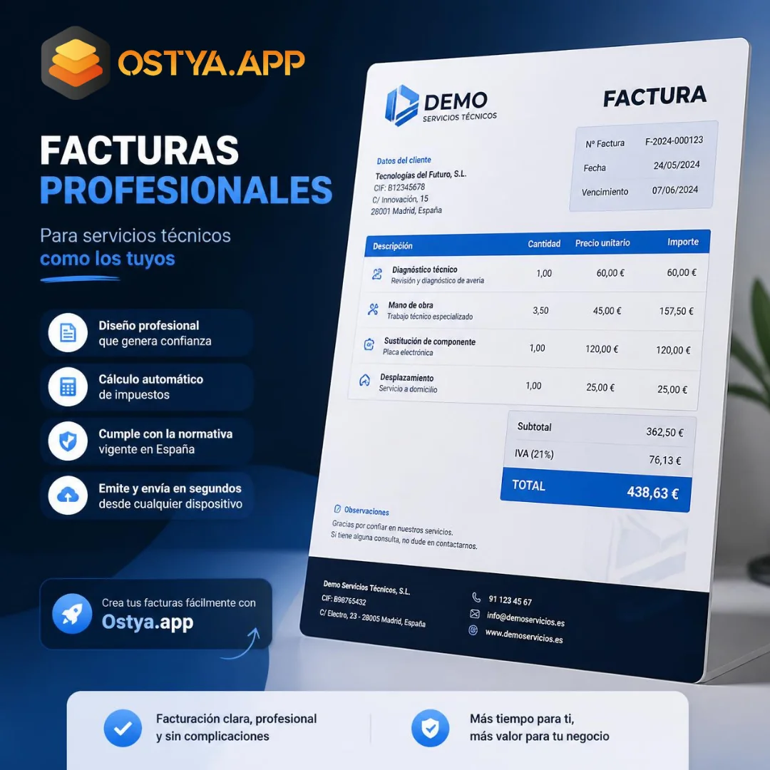 Factura profesional de empresa de servicios técnicos con ítems, subtotal, impuestos y total en Ostya.app