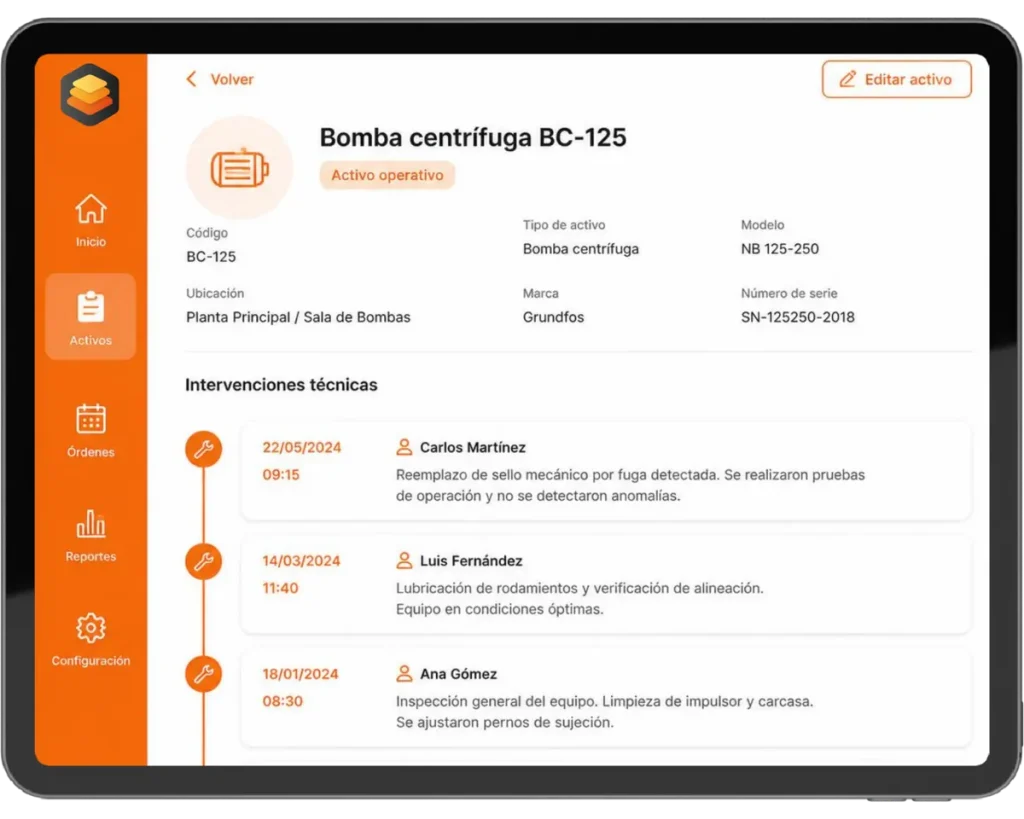 Ficha de activo con historial de intervenciones en Ostya.app