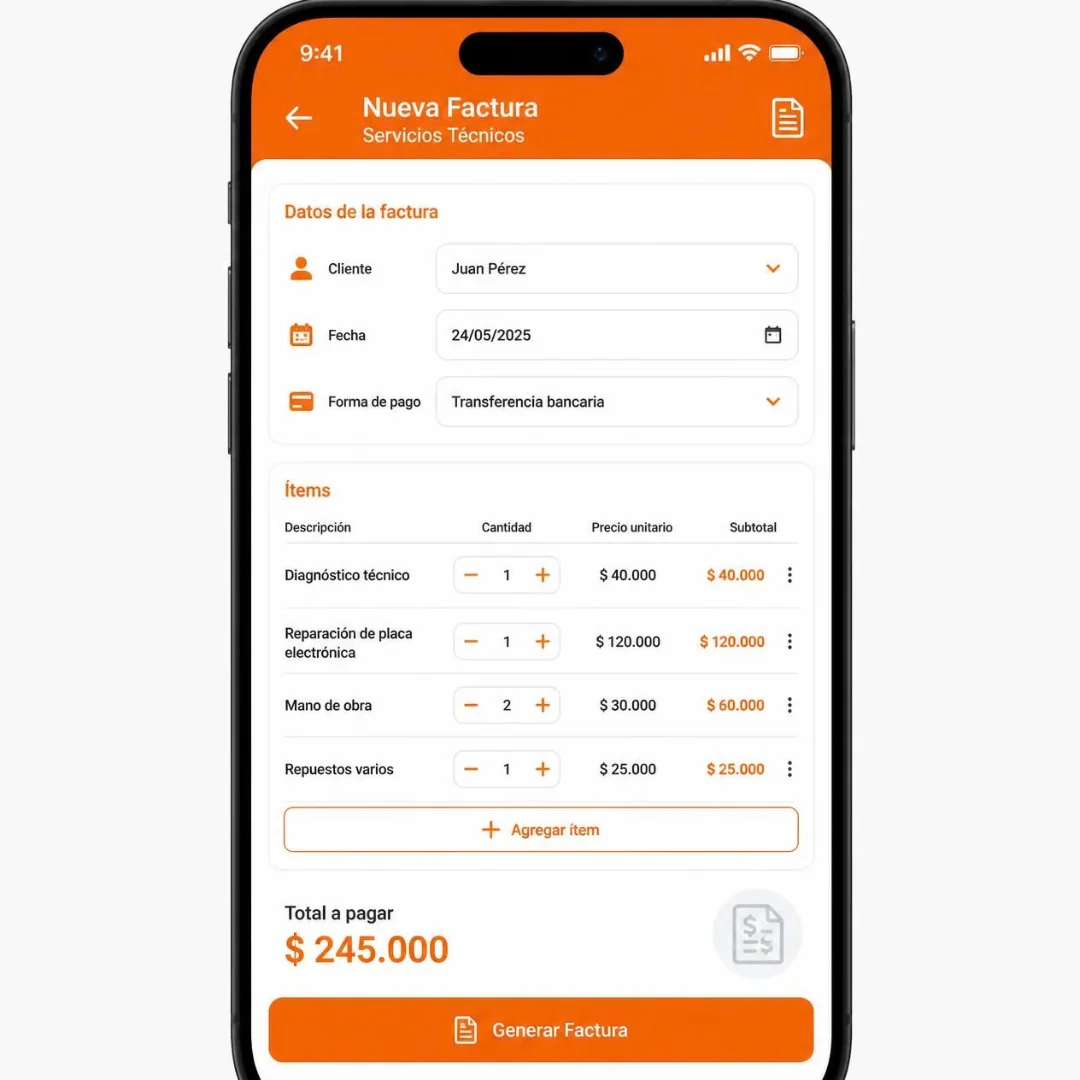 Formulario de nueva factura con ítems vinculados a órdenes de servicio en Ostya.app