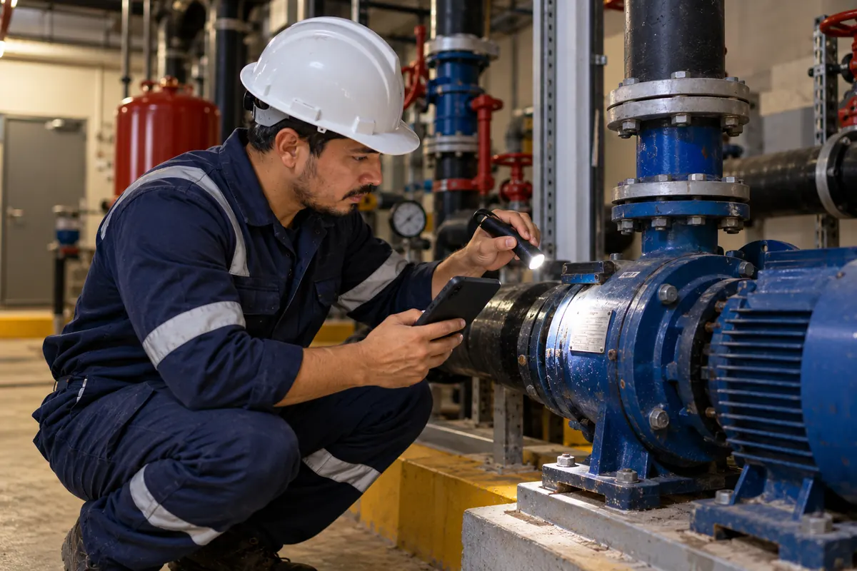 Técnico de mantenimiento identificando una bomba como parte de la gestión de activos de clientes