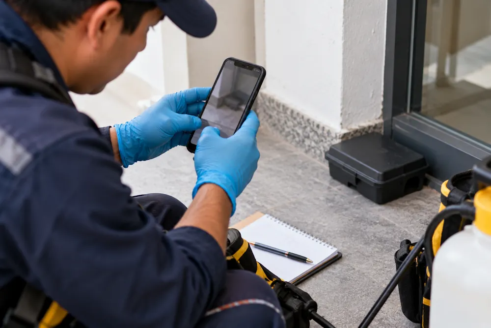 Técnico consultando la orden de servicio durante una intervención de fumigación