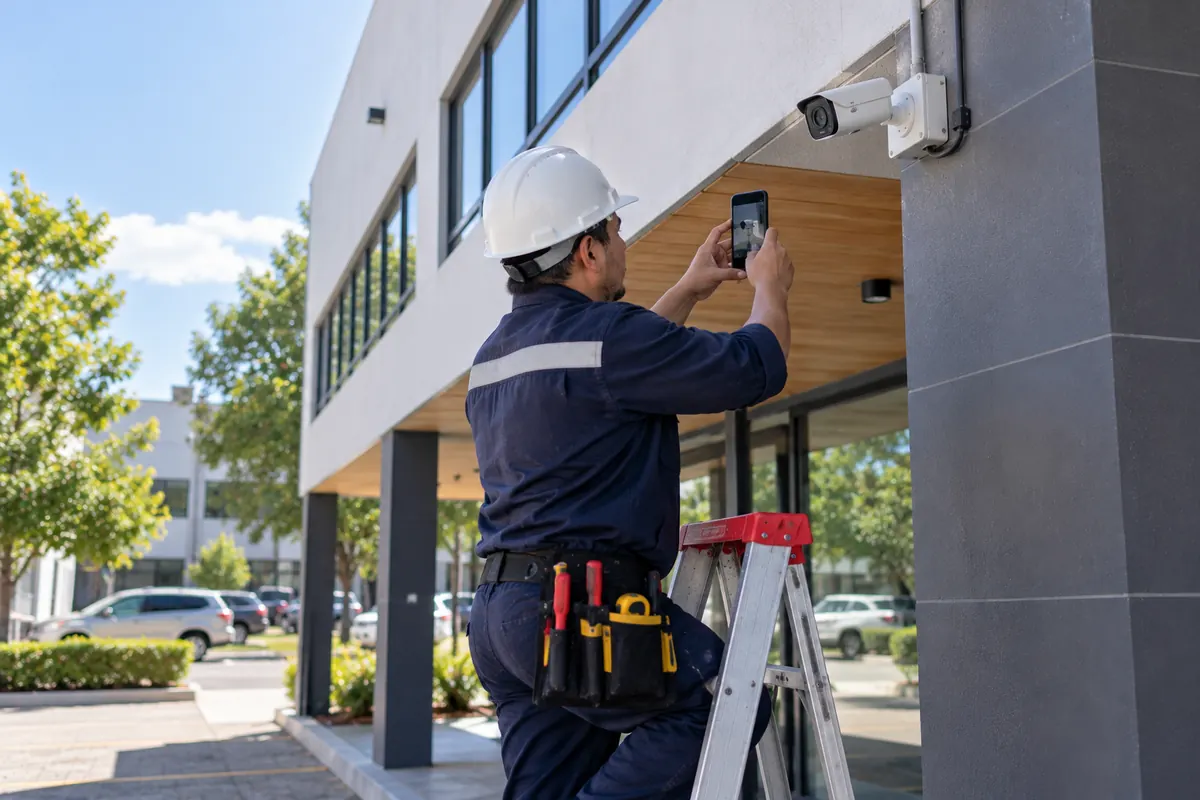 Técnico instalador de cámaras fotografiando la instalación terminada como evidencia del servicio