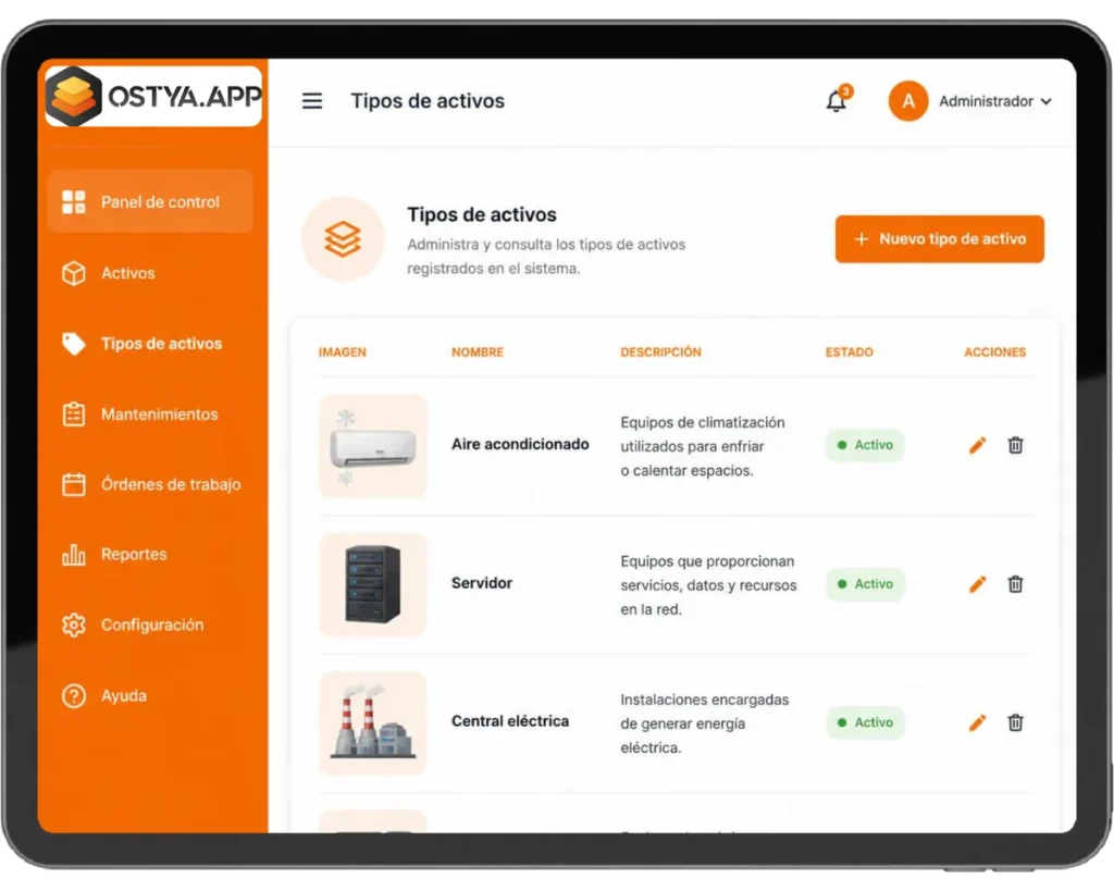 Tipos de activos personalizados en Ostya.app