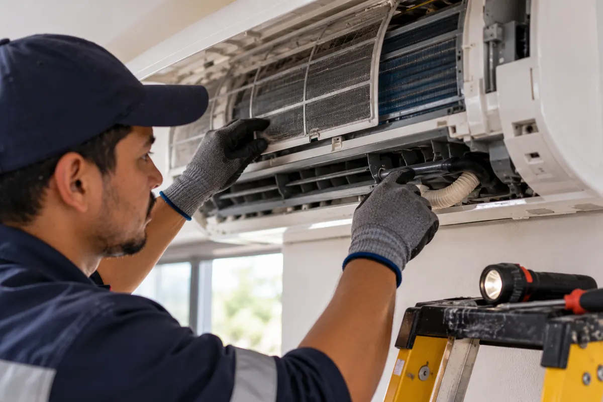 Técnico revisando una unidad de aire acondicionado con apoyo de un programa para empresas de climatización