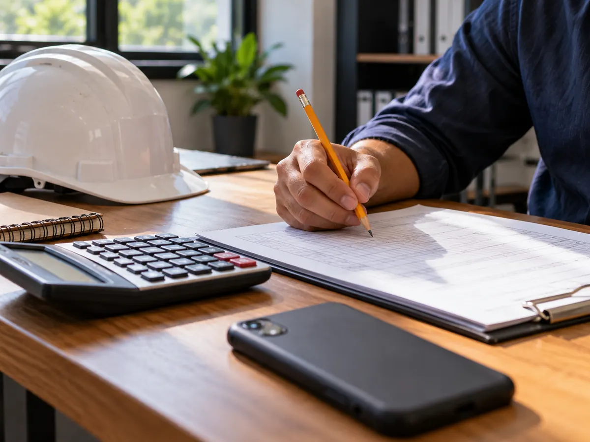 Escritorio con calculadora y casco de trabajo durante la revisión del margen de presupuestos para servicios técnicos