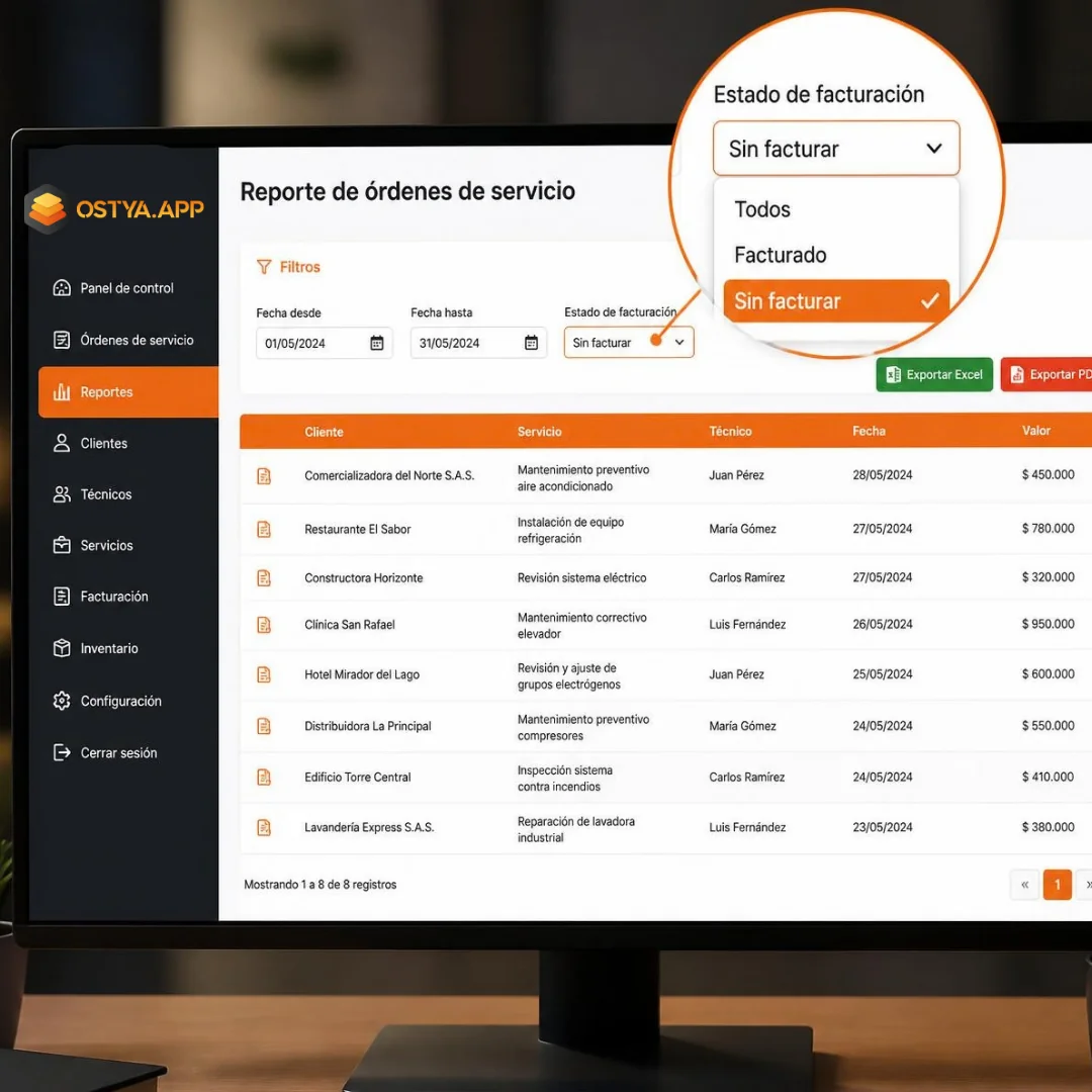 Reporte de órdenes sin facturar con filtro de estado de facturación en Ostya.app