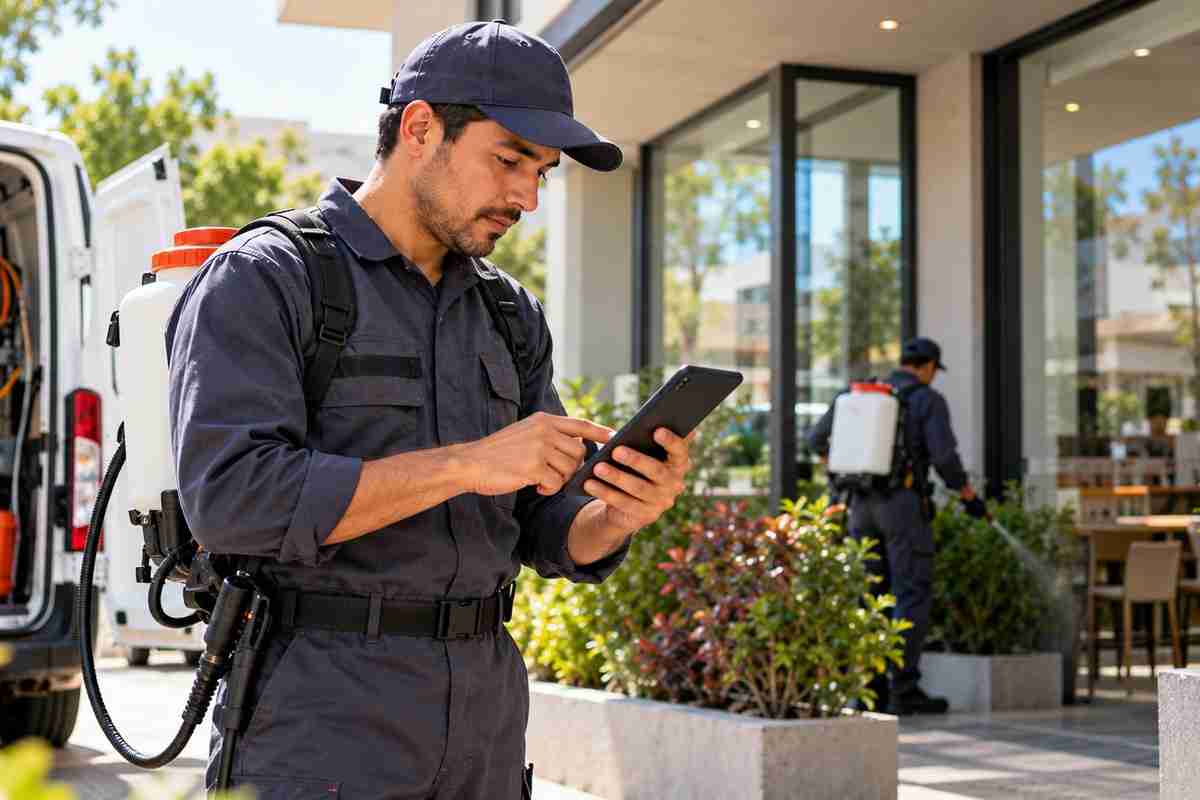 Técnico aplicando un tratamiento en una instalación comercial, un servicio que un software de fumigación ayuda a documentar