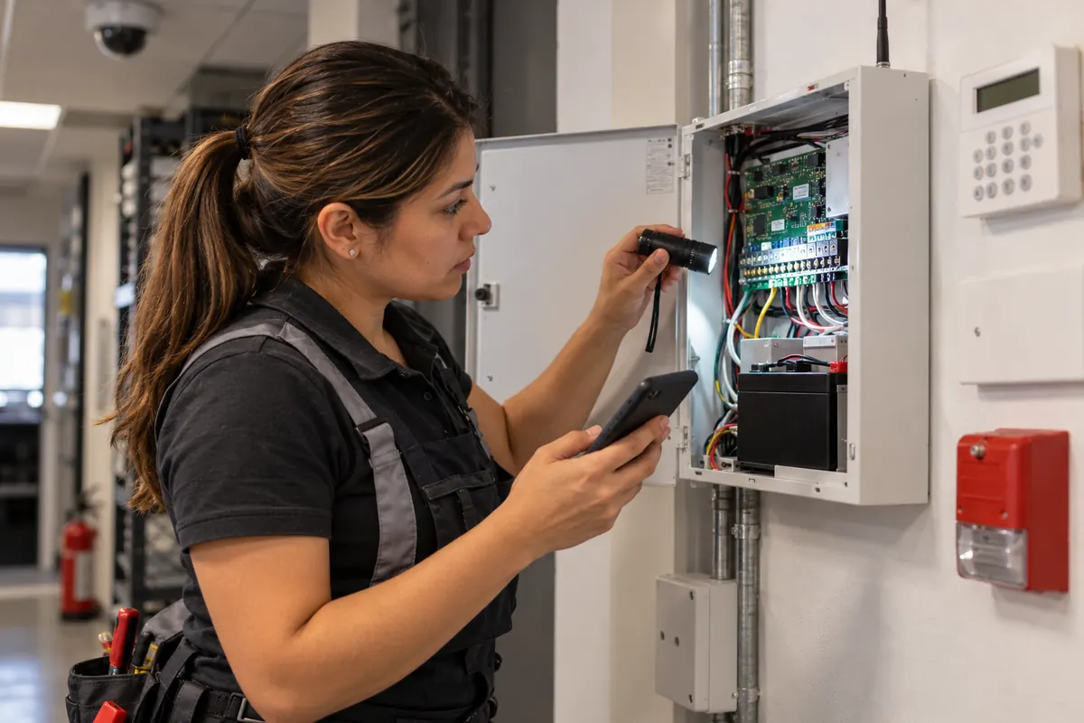 Técnica de seguridad electrónica revisando un panel de alarma dentro de la gestión de activos de clientes