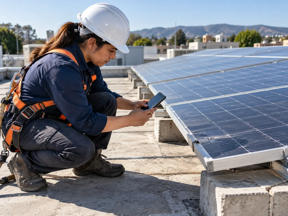 Técnica de energía solar documentando con fotografías el hallazgo que respaldará sus presupuestos para servicios técnicos