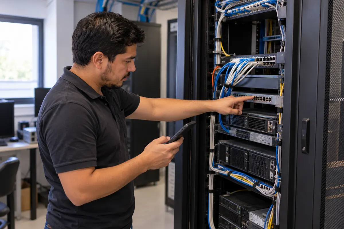 Técnico de soporte IT identificando un equipo del rack para la gestión de activos de clientes