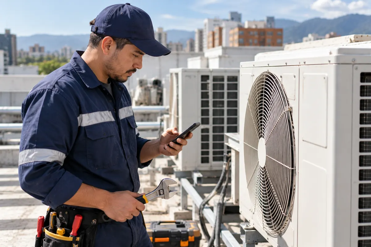 Técnico de climatización consultando su orden de servicio en un dispositivo móvil junto a una unidad exterior