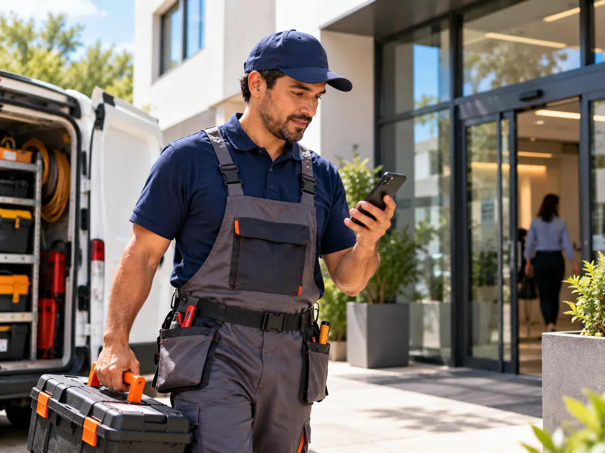 Técnico revisando una orden de servicio en su dispositivo móvil con una app para técnicos móviles